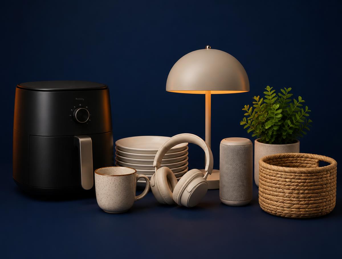 Freidora de aire, vajilla, taza, auriculares, lámpara, parlante, planta y canasto de Click Tandil